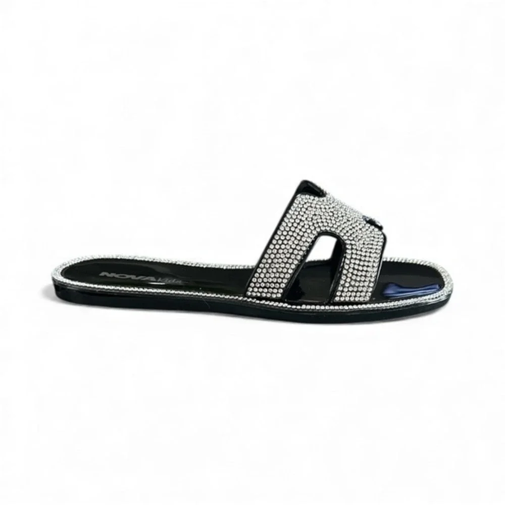 Nova Kids Girls Rhinestone‎ Slides Black Sandals Embellished Sparkle